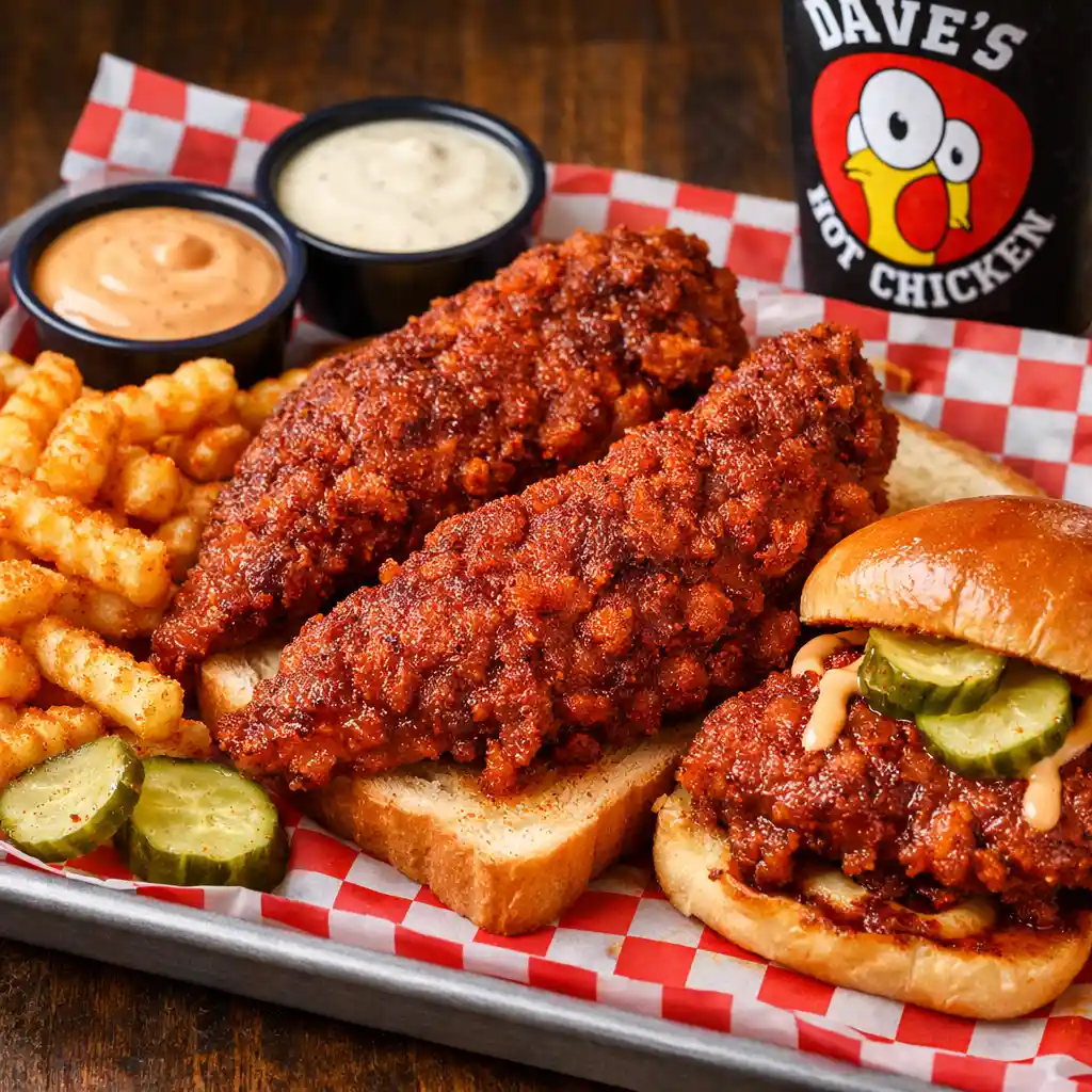 Dave’s Hot Chicken food tray close-up