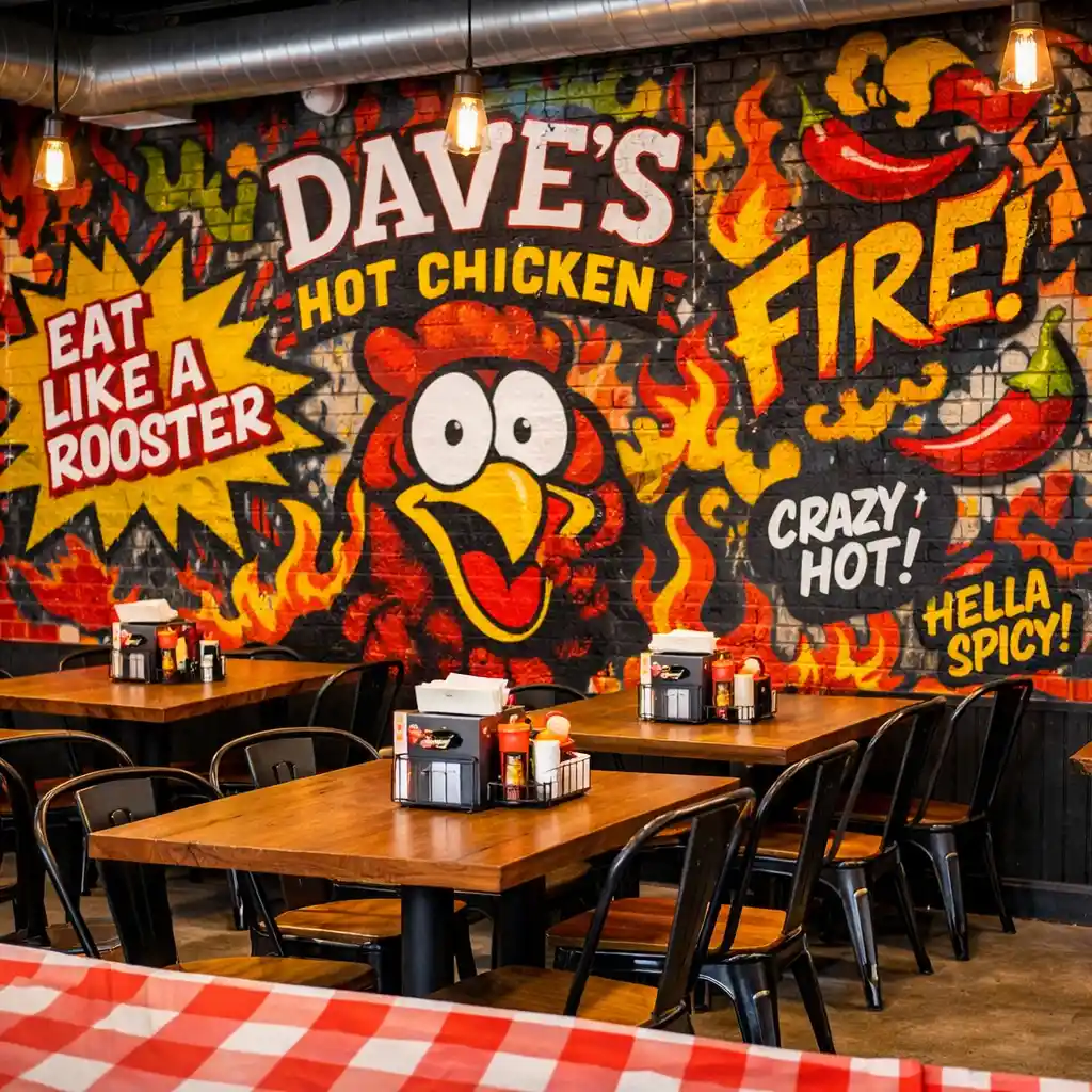 Dave’s Hot Chicken restaurant interior graffiti wall photo