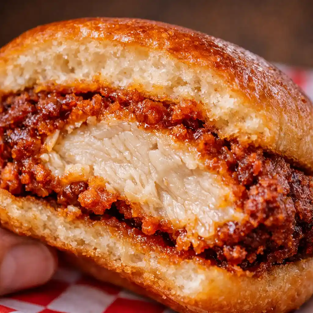 Dave’s Hot Chicken slider inside view chicken texture