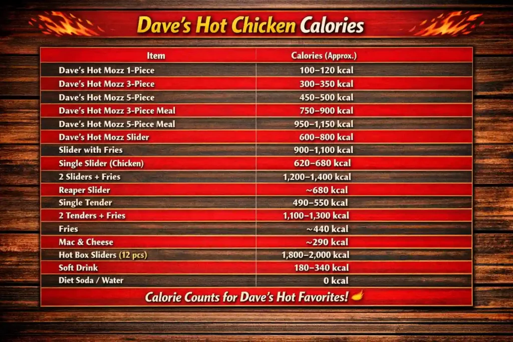 Dave’s Hot Chicken calories info table