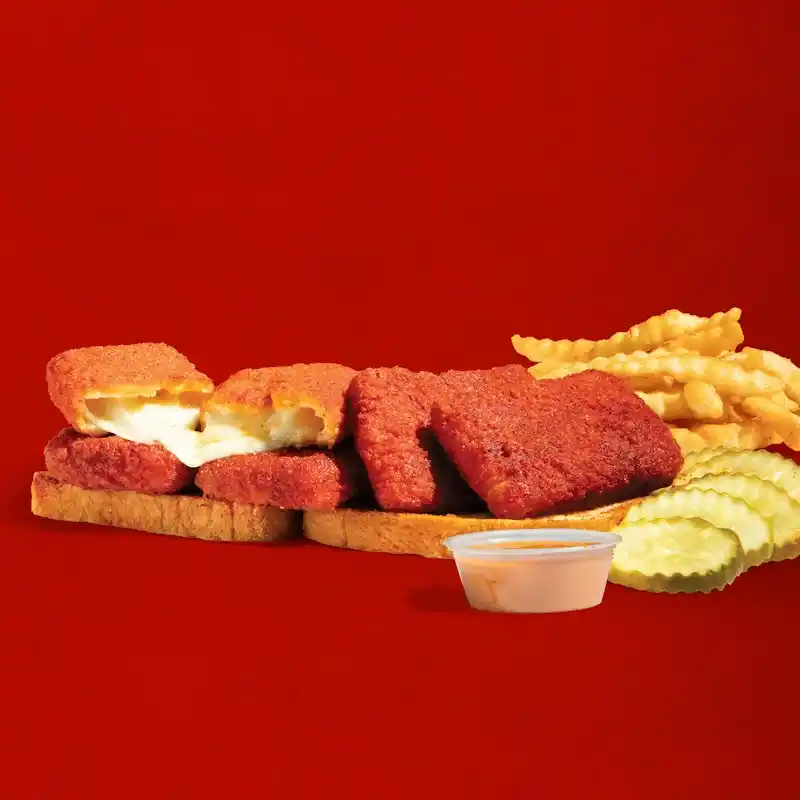 Dave’s Hot Mozz 5-piece meal with fries, golden fried mozzarella sticks with cheese pull