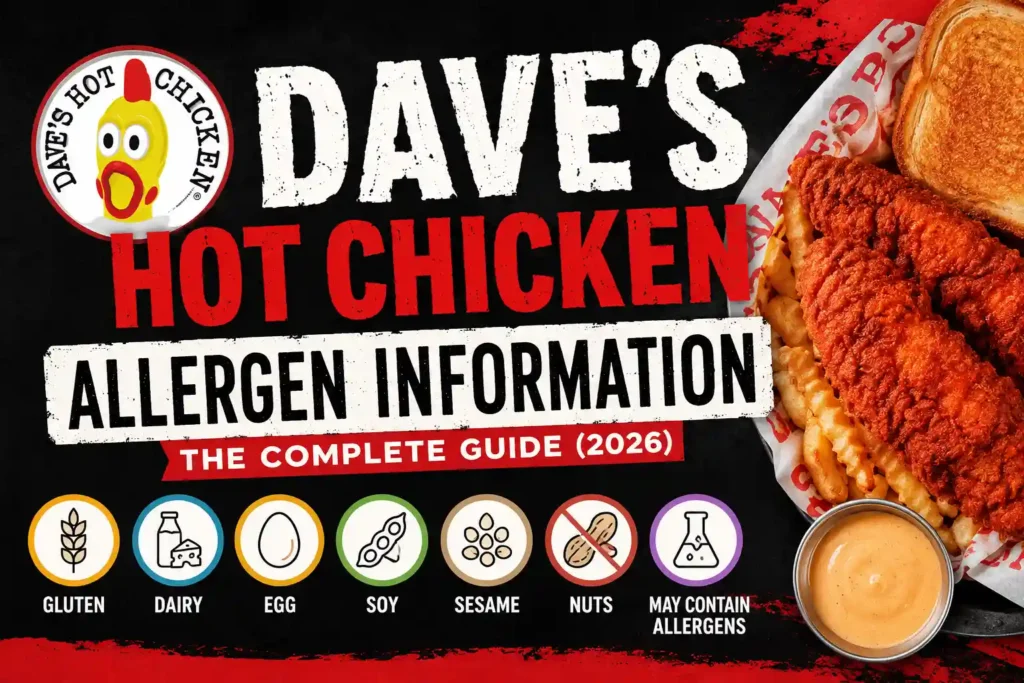 Dave’s Hot Chicken Allergen Menu 2026| PDF & complete Guide 1 Dave's Hot Chicken allergen menu Information Guide 2026 with gluten, dairy, egg, soy, sesame, and nut allergens.