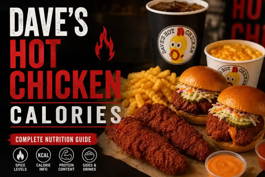 Dave's Hot Chicken Calories guide featuring crispy chicken tenders, sliders, fries, dipping sauces, and calorie information (2026)